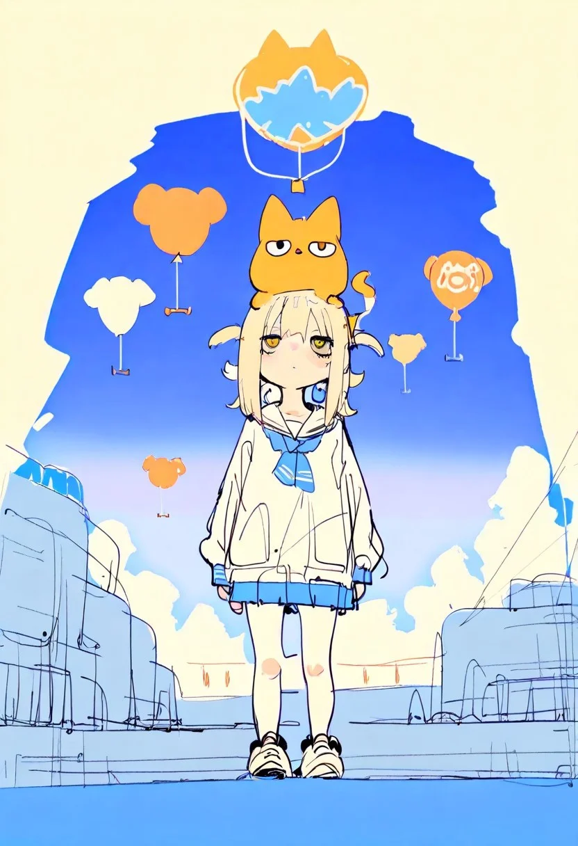 masterpiece, newest,absurdres,incredibly absurdres, best quality, amazing quality, very aesthetic, blue theme, orange fog,
1girl,cat hot air balloon,
<lora:S4bit4mago:1> S4bit4mago_illu, <lora:pikus0n_illu:1> pikus0n_style, sketch