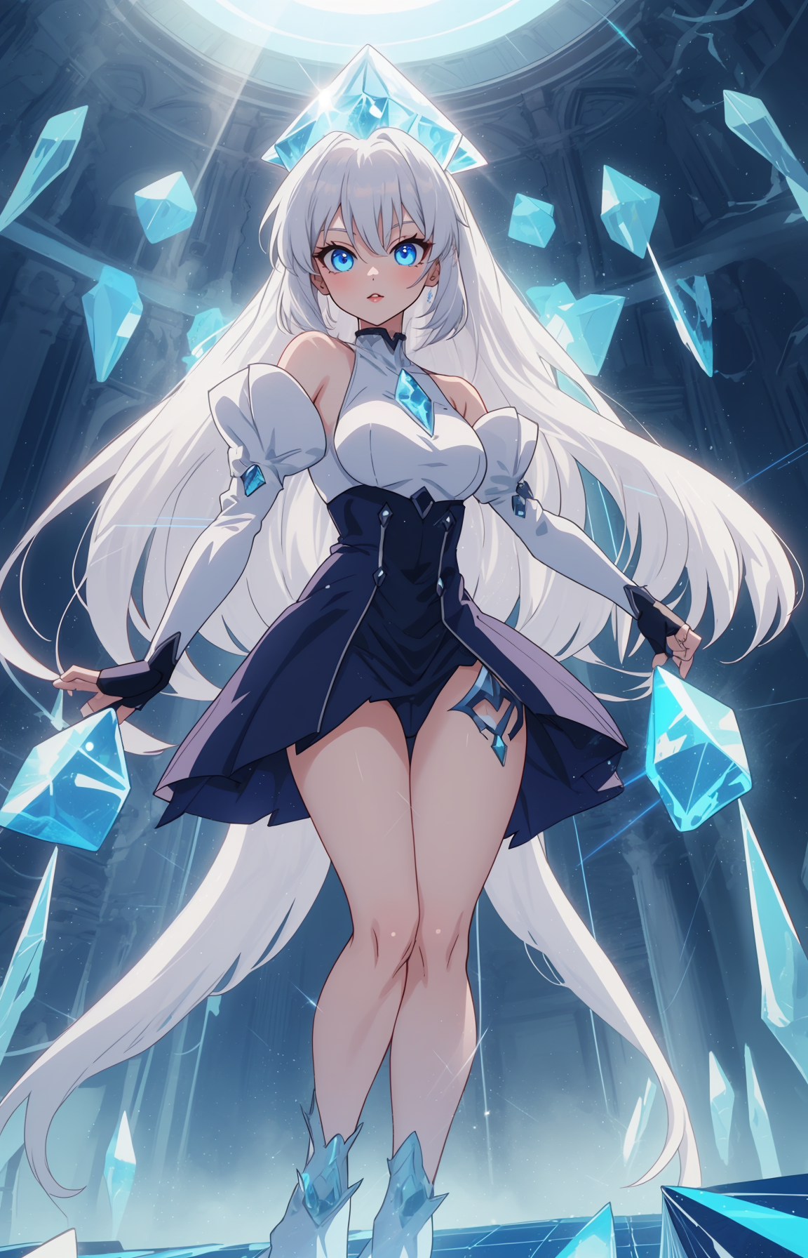 (anime screencap:1.2),  <lora:G_G2.0:0.7> Goth girl, Goth girl 1girl
Anime character with white hair standing in a blue geometric chamber, detailed shading, high resolution, cinematic lighting,
Combat stance, with one leg forward and hands ready,
Volumetric light beams cutting through the blue cubes,
Geometric patterns subtly overlaying the background, 
Foggy atmosphere, with rays of light piercing through,
Crystalline reflections on the blue cubes