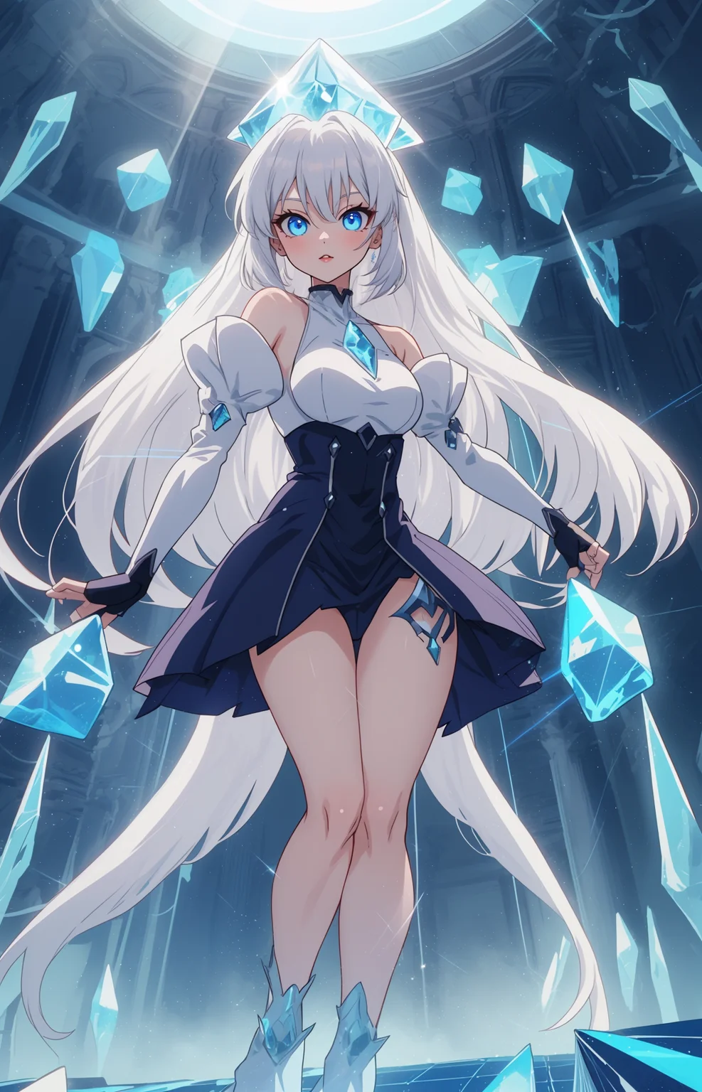 (anime screencap:1.2),  <lora:G_G2.0:0.7> Goth girl, Goth girl 1girl
Anime character with white hair standing in a blue geometric chamber, detailed shading, high resolution, cinematic lighting,
Combat stance, with one leg forward and hands ready,
Volumetric light beams cutting through the blue cubes,
Geometric patterns subtly overlaying the background, 
Foggy atmosphere, with rays of light piercing through,
Crystalline reflections on the blue cubes