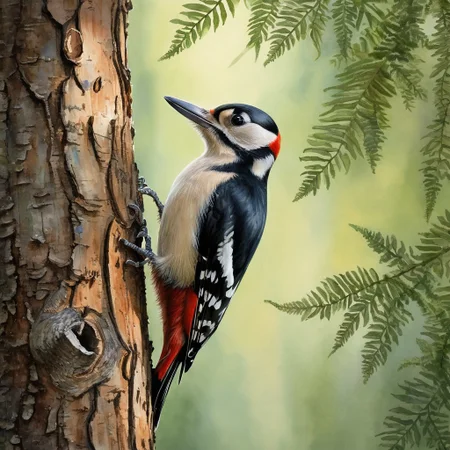 A watercolor and ink painting of a great spotted woodpecker perched on a tree trunk. The woodpecker is in the process of drilling a hole in the tree bark with its beak. The background reveals a forest with many trees. The ground is covered with mosses and ferns. The scene is illuminated by the early morning sunlight that filters through the trees, casting a soft glow on the woodpecker and the tree bark. The overall image has a delicate pastel tone.