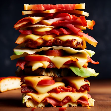 photo (QuadBurger style:1) a bacon, cheese, and tomato sandwich stacked on top of each other <lora:djzQuadBurgerV21:1>