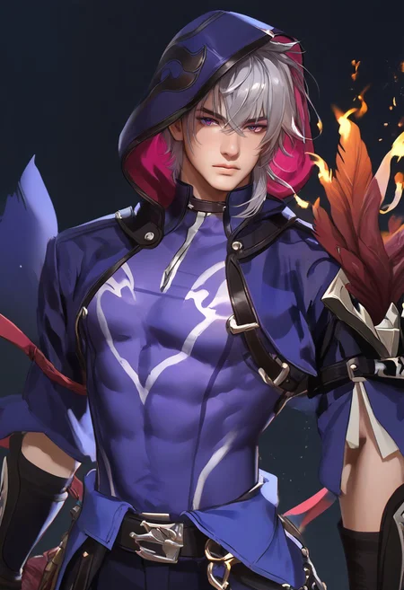 1boy, solo, male focus, slim toned male, moze_(hsr), moze, grey purplish hair, wolfcut hair, bangs between eyes, pale skin, purple eyes, slim face, detailed eyes, confident,
splash art background, detailed light, light on hair, glowing purple, fire, sunny light, close up,
costume, feathers on one shoulder, hood, looking at viewer, front view, relax, pectorals, abs, big chest, big thigh,
rating PG, score_9,score_8_up,score_7_up, source_anime, male focus, manly, tall, detailed eyebrow, sharp eyebrows, focus on thigh, thigh focus, random view, muscular, hung
