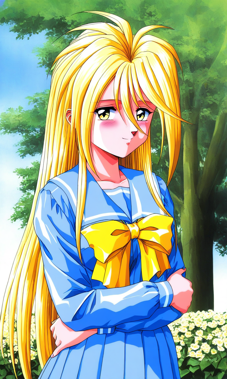 general,highres, ultra-detailed,very aesthetic,best quality ,best hands, BREAK <lora:Ijuuin_Rei_Tokimeki_Memorial_IS:1>
Ijuuin_Rei(Tokimeki_Memorial), 1girl, solo, blonde hair, yellow eyes, hair between eyes, breasts, 
long hair, 
blush, smile, school uniform, blue serafuku, 1990s (style), skirt, smile, long sleeves, Yellow bow, tree, flower, blue skirt, looking at viewer, pleated skirt, sailor collar,