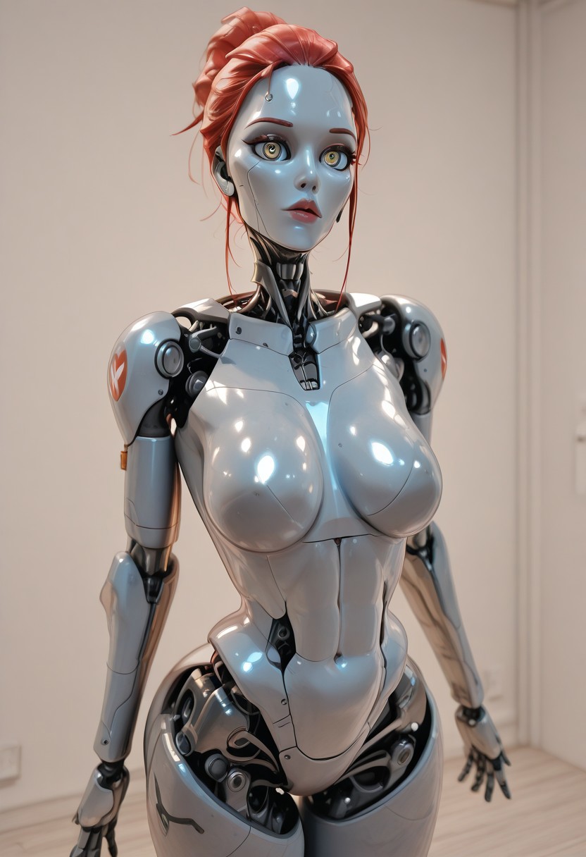 A beautiful robot, female, medium breasts, curvy athletic build