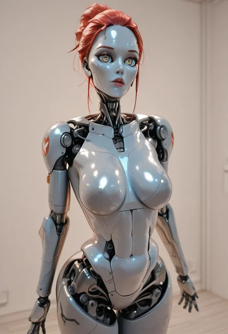 A beautiful robot, female, medium breasts, curvy athletic build