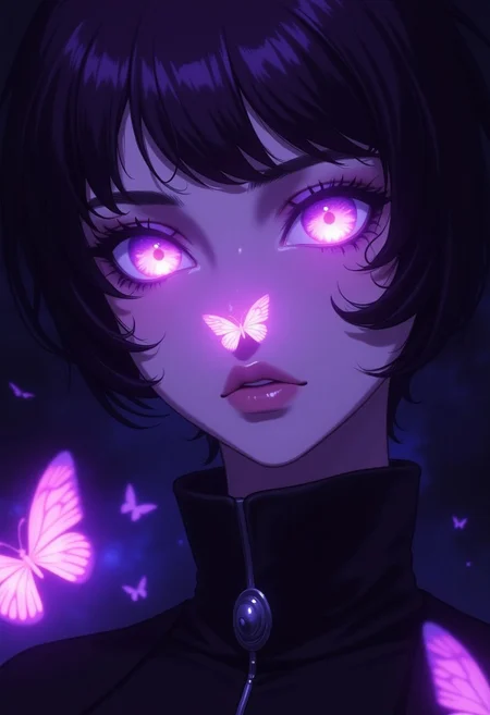 a close-up of a female character with a focus on the face. The character has pale skin and striking, large purple eyes that reflect a luminescent quality. The hair is dark, tousled, and falls around the face, adding a dynamic element to the composition. A glowing purple butterfly is perched delicately on the character's nose, with another butterfly visible in the foreground, enhancing the ethereal atmosphere. The character wears a dark outfit with a high collar and a metallic button, contributing to a futuristic or fantasy theme. The background is dark, allowing the vibrant purples and pinks of the butterflies and eyes to stand out vividly, creating a mystical and captivating visual effect.