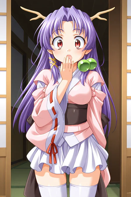 masterpiece, best quality, absurdres, official art, official style, general BREAK <lora:shizuna-torakapu_IL_v1-1:0.7>, shizuna, 1girl, solo, red eyes, purple hair, very long hair, parted bangs, hair intakes, sidelocks, hair bobbles, x hair ornament, medium breasts, dragon girl, dragon horns, japanese clothes, pink kimono, short kimono, long sleeves, wide sleeves, detached sleeves, red ribbon, ribbon-trimmed sleeves, obi, black sash, back bow, black bow, white skirt, miniskirt, pleated skirt, kimono skirt, zettai ryouiki, white thighhighs,
blush, :o, arm behind back, covering mouth, front view, hand to own mouth, looking at viewer, open mouth, standing, surprised, wide-eyed