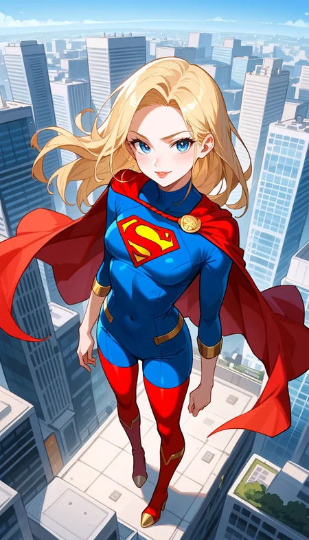 score_9, score_8_up, score_7_up, Anime Style, Full Body Shot, Supergirl, cute, seductive, innocent, light smile:0.3, plump lips, slender body, blonde long in high detailed and textured Supergirl full body suit, long red cape, red thigh high boots, gold ornate, gold embedded, landing, above the skyscrapers, ready for combat, arms along the body, city skylines Background, depth of field, dynamic angle, fashion photography, sharp, hyperdetailed:1.15
