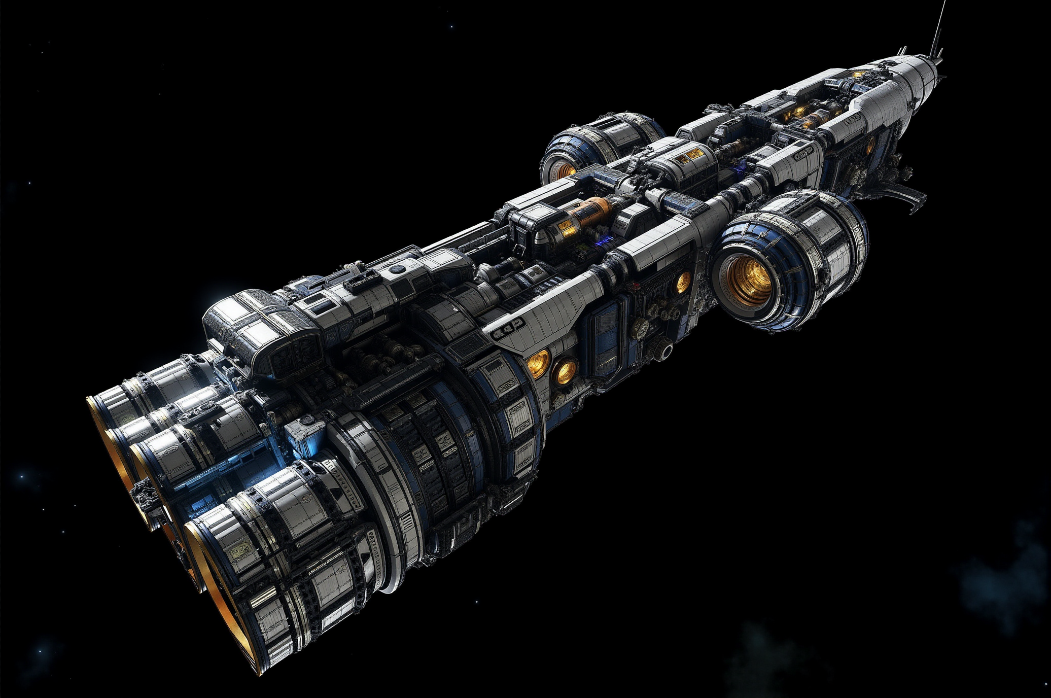 <lora:SpaceCraft_v.1:0.8> SPCCRFT style. A formidable deep-space vessel glides silently through the vast emptiness, its intricate and heavily-armored structure exuding a sense of purpose and resilience. The ship's exterior showcases a complex arrangement of modular compartments, reinforced plating, and an array of exposed mechanical elements, including pipes, conduits, and solar arrays that provide a seamless blend of functionality and industrial aesthetics. Golden-hued observation windows punctuate the hull, casting a warm glow that contrasts with the cold metallic grays and deep blues dominating the vesselâs design. The midsection is densely packed with interlocking segments, housing critical infrastructure, while the aft section features massive cylindrical thrusters encased in structural bracing, designed for powerful propulsion across interstellar distances. Two large, illuminated side modules extend outward, their intricate framework adorned with docking hatches, storage compartments, and communication relays, enhancing the shipâs versatility for extended missions. The forward section tapers into a sleek, aerodynamic point, with sensor arrays and high-gain antennas deployed for navigation and data collection. The surrounding void of space, with distant stars faintly flickering in the black expanse, creates an atmosphere of isolation and grandeur. The image embraces a photorealistic sci-fi art style, characterized by high-detail texturing, advanced lighting techniques, and precision-driven mechanical designs. Strategic lighting, including subtle rim lights and reflective highlights, emphasizes the vesselâs intricate surface details, giving it a cinematic and immersive presence that evokes themes of deep-space exploration and technological mastery.