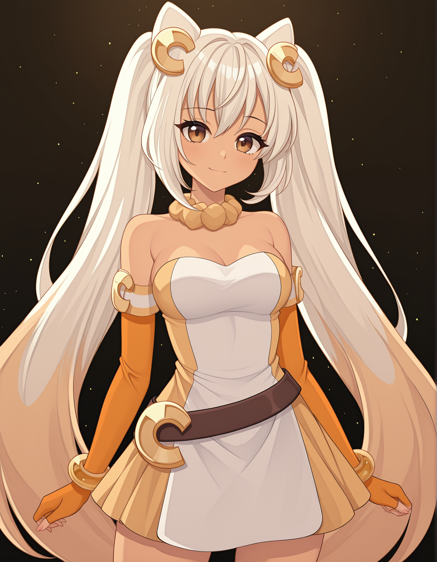 masterpiece,best quality, absurdres, highres, <lora:Cassie illu:1> cassieillu, elbow gloves, necklace, strapless dress, belt, bracelet, looking at viewer,