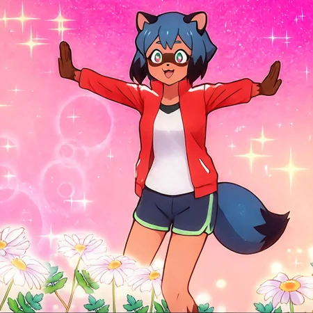 score_9, score_8_up, score_7_up, score_6_up, score_5_up, score_4_up, michiru kagemori, short hair, black hair, animal ears, blue hair, multicolored hair, furry, furry female, raccoon ears, body fur, raccoon girl, raccoon tail, tail, shirt, jacket, white shirt, shorts, red jacket, blue shorts, track jacket, 1girl, alone, masterpiece, highres, highly detailed face, <lora:Jujutsu_meme_face:1>, open mouth, arms outstretched, tilted torso, open hand gesture, leaning forward, one leg raised, pink gradient background, sparkles, bokeh effect, flowers, soft lighting