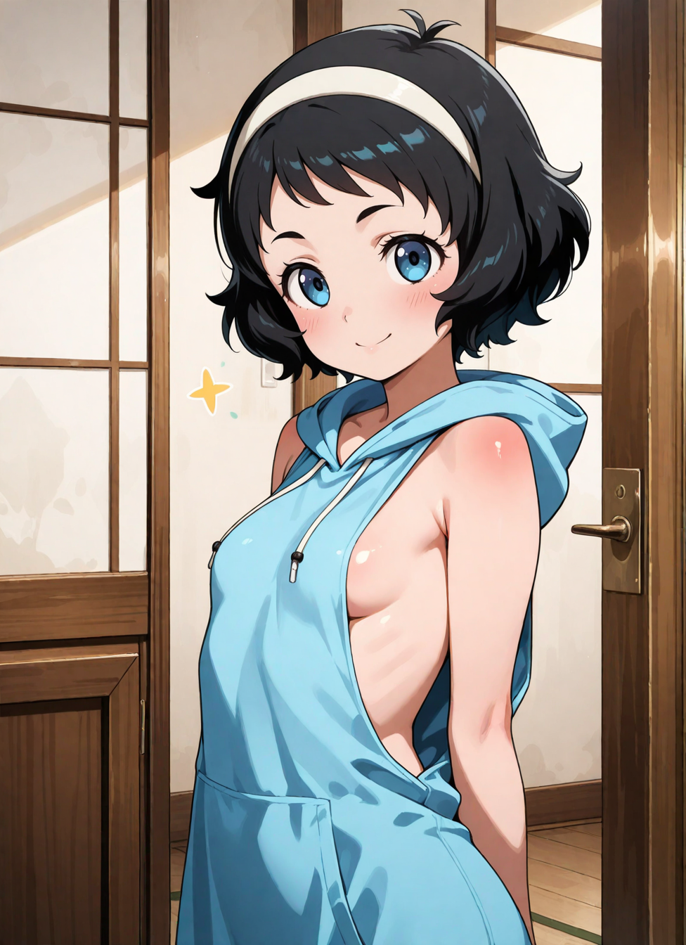 1girl, solo, rana, blue eyes, black hair, short hair, hairband, hooded dress, sleeveless, pike-short, sideboob,  oversized clothes, smile,, <BREAK> , masterpiece, amazing quality, best quality, ultra-detailed, 8K, illustration, CG, clear skin, ultra-detailed-eyes, soft skin, shiny skin, shiny hair, very awa, very as2, anime coloring,, <BREAK> (body blush:1.2),