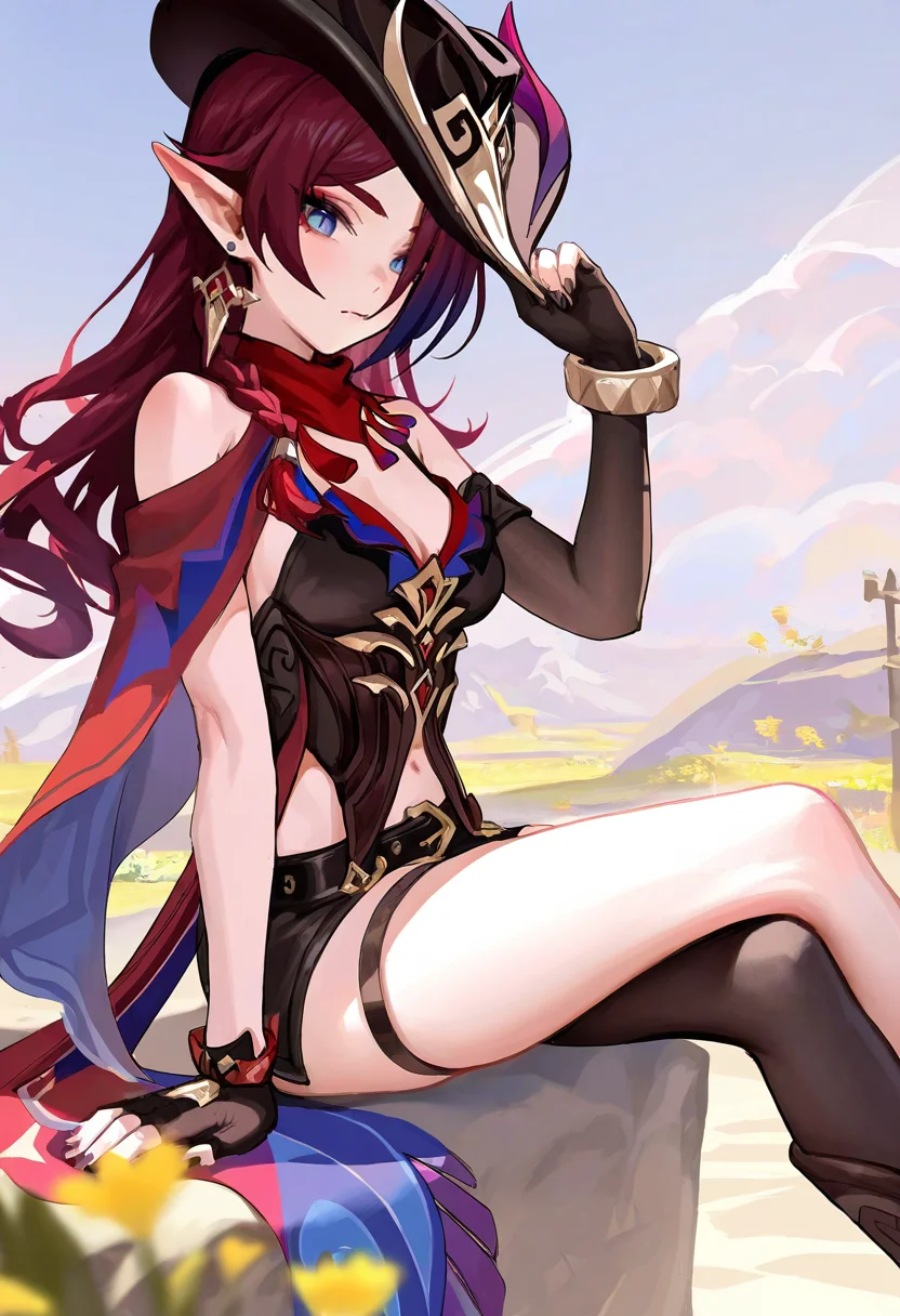 1girl,chasca_\(genshin_impact\),gloves,breasts,pointy ears,hat,solo,sitting,cleavage,fingerless gloves,looking at viewer,black nails,horns,black gloves,black headwear,jewelry,medium breasts,nail polish,flower,cowboy hat,earrings,
[artist:asakuraf],[artist:fkey],[artist:ask{askzy}],[[artist:as109]],
very awa,masterpiece,best quality,year 2024,newest,highres,absurdres,
<lora:chasca_NoobVpred06:1>,