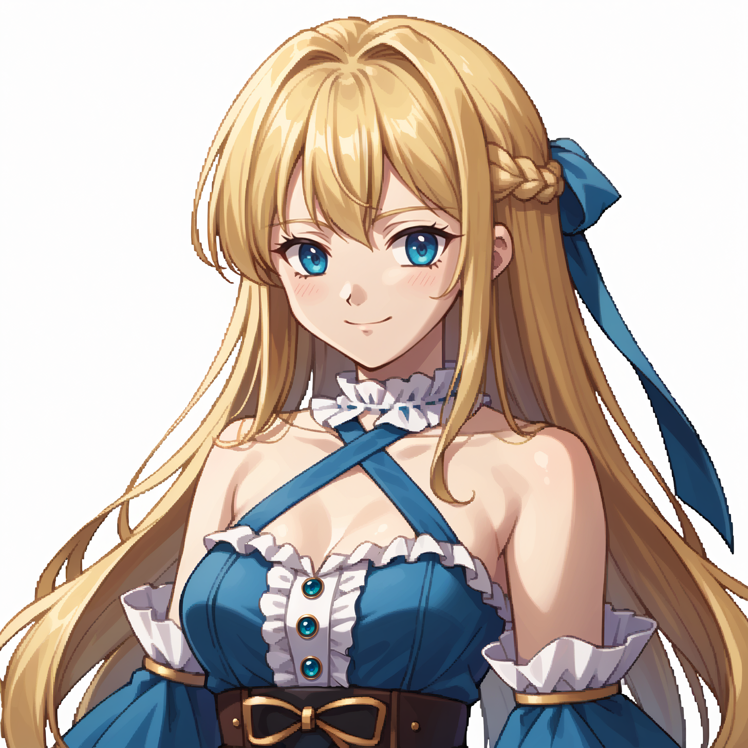 score_9, score_7_up, source_anime, BREAK <lora:zs_SkyPortraitsXL:1> skyportraits, portrait, white background, <lora:mxmarina:1> mxmarina, french braid, half updo, blue Hair ribbon, frilled choker, criss-cross halter, sleeveless dress, high-waist skirt, backless dress, blue dress, detached sleeves, frilled sleeves, wide sleeves, blue sleeves, light smile, very long hair, blue eyes, blonde hair,