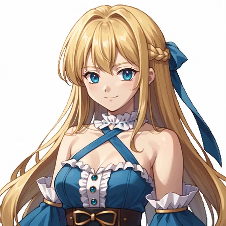 score_9, score_7_up, source_anime, BREAK <lora:zs_SkyPortraitsXL:1> skyportraits, portrait, white background, <lora:mxmarina:1> mxmarina, french braid, half updo, blue Hair ribbon, frilled choker, criss-cross halter, sleeveless dress, high-waist skirt, backless dress, blue dress, detached sleeves, frilled sleeves, wide sleeves, blue sleeves, light smile, very long hair, blue eyes, blonde hair,