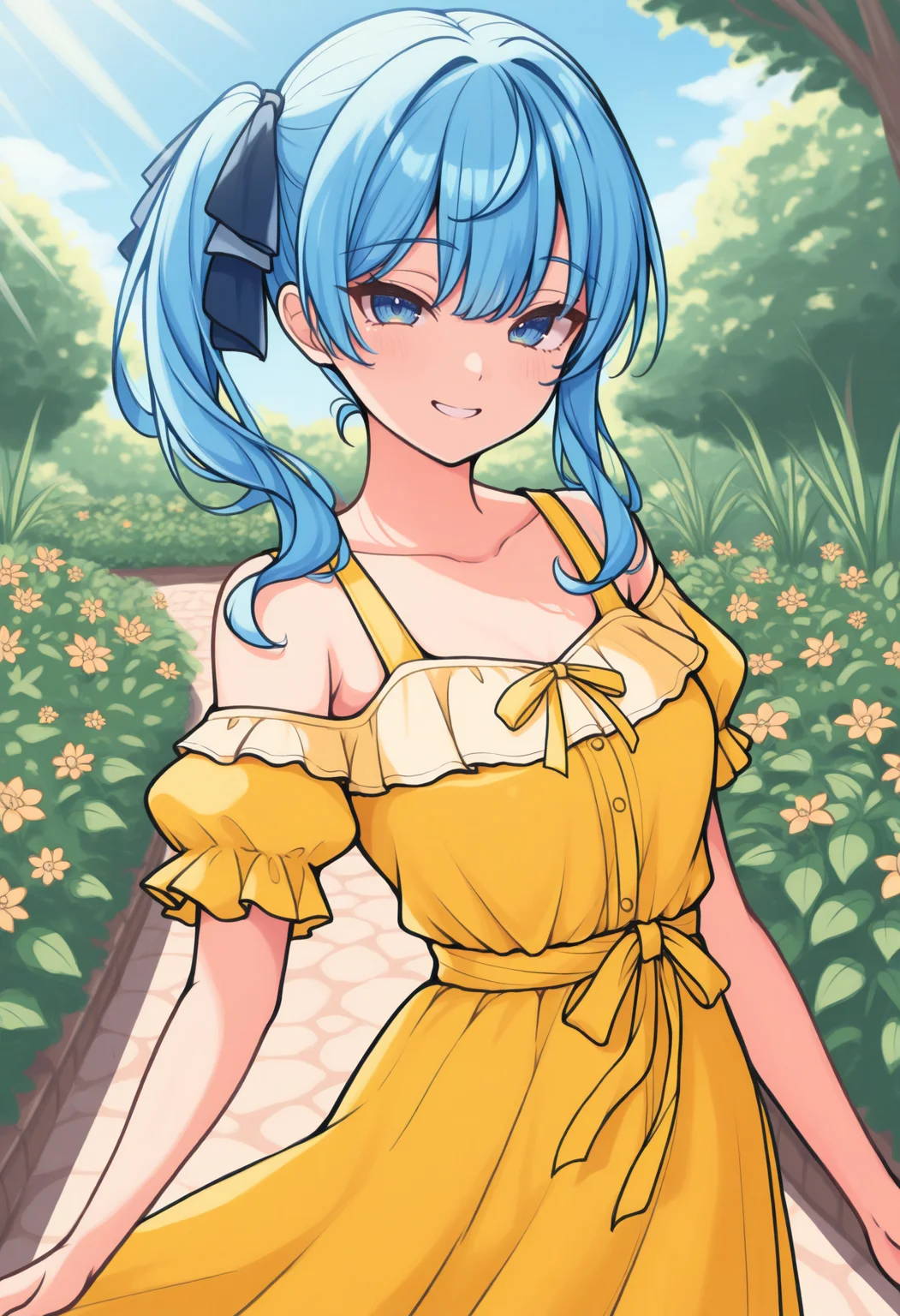 masterpiece, best quality, 1girl, solo, H0sh1mach1Su1se1, blue eyes, blue hair, side ponytail, blue hair ribbon, lineart, traditional media, sketch, yellow sundress, off shoulder, collarbone, looking at viewer, smile, outdoors, nature, garden, flower, blue sky, sunbeam, <lora:ChamHoshimachiSuiseiIllustriousXL:1>