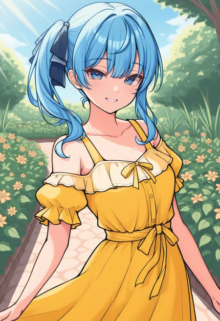 masterpiece, best quality, 1girl, solo, H0sh1mach1Su1se1, blue eyes, blue hair, side ponytail, blue hair ribbon, lineart, traditional media, sketch, yellow sundress, off shoulder, collarbone, looking at viewer, smile, outdoors, nature, garden, flower, blue sky, sunbeam, <lora:ChamHoshimachiSuiseiIllustriousXL:1>