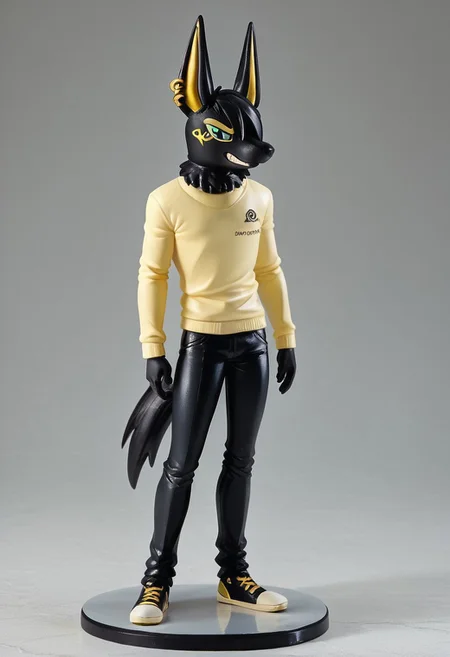 high resolution,  score_9, score_8_up, score_8,
Haul Hiliiua,1boy, male, black fur, jackal, markings, gold markings, 
figure,