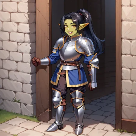 1girl, black hair, ponytail, sharp teeth, enormous lips, medieval armor, closeup, goblin woman, green skin, medieval clothes, large smile, (boisterous smile, mischievous smile), Expressiveh, yellow eyes, very muscular, pointed ears, female goblin, Goblin, solo, long hair, gremlin energy, very short woman, mega ponytail, fully clothed, short stature, shortstack, ((armored boots, boots, shoulder armor, armor, pants, greaves, gloves, long sleeves)), broad shoulders, huge arms, Knight