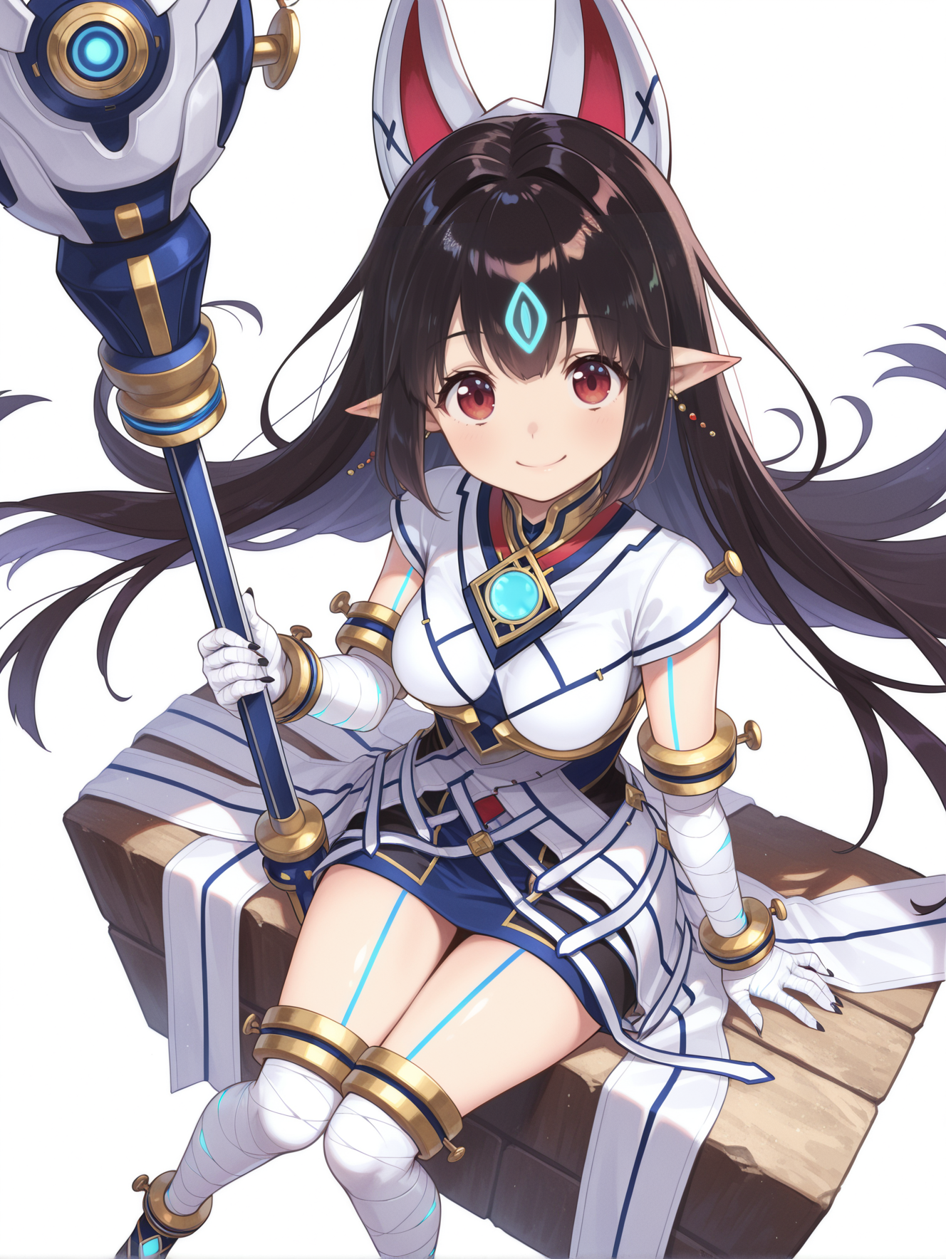 kasandra \(xenoblade\), 1girl, solo, sitting, smile, looking at viewer, barefoot, fox mask on head back, white japanese dress, white bandaged gloves, ball earrings, blue body tattoo, blue chest jewel, staff over shoulder, holding staff, staff, white bandaged legwear, from above, floating hair,
masterpiece,best quality,amazing quality,very aesthetic,absurdres,newest,<lora:Xenoblade Chronicles 2 - Kasandra illusXL v1.2:0.75>,