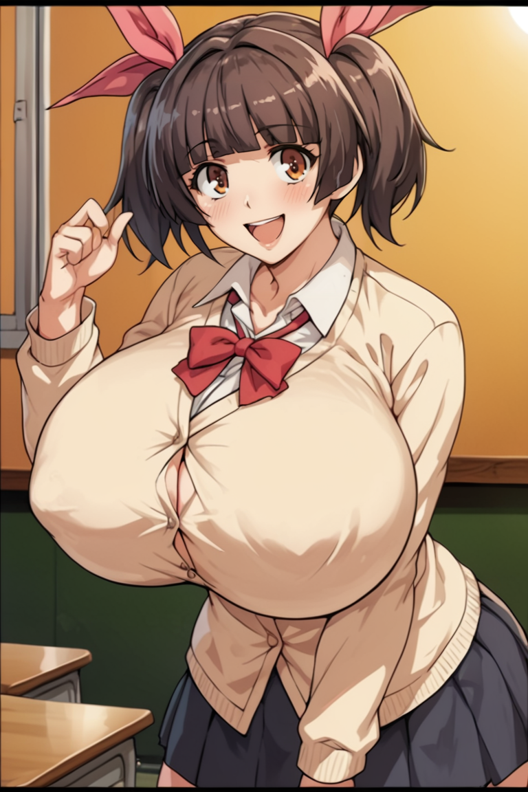 score_9, score_8_up, score_7_up, score_6_up, score_5_up, score_4_up, BREAK source_anime,mana, 1girl, twintails, brown eyes, solo, ribbon, hair ribbon, smile, blush, anime coloring, black hair, short hair, bangs, brown hair, school uniform, open mouth, gigantic breasts<lora:EMS-447354-EMS:1.000000>