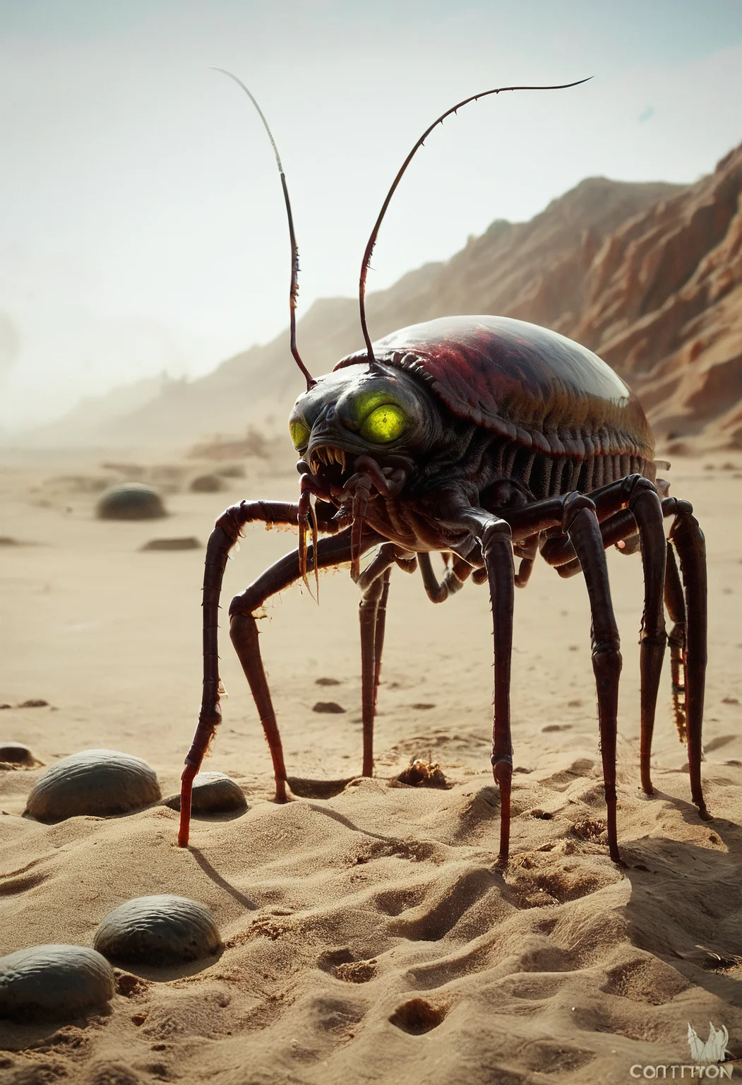 score_9, score_8_up, score_7_up, zy_monster, realistic, centipede-like creature, translucent skin, glowing veins, pulsating, sensory antennae, needle-like teeth, segmented body, chitinous spikes, black sand desert, green ooze, sizzling, smoking, high-pitched clicking, swift movement, unnatural, hunting, horror, grotesque, eerie atmosphere, insectoid monster, dark fantasy, highly detailed, high contrast, film grain, Rim Lighting , <lora:zy_Horror_Monsters_PonyRealism_v1:0.75>