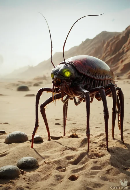 score_9, score_8_up, score_7_up, zy_monster, realistic, centipede-like creature, translucent skin, glowing veins, pulsating, sensory antennae, needle-like teeth, segmented body, chitinous spikes, black sand desert, green ooze, sizzling, smoking, high-pitched clicking, swift movement, unnatural, hunting, horror, grotesque, eerie atmosphere, insectoid monster, dark fantasy, highly detailed, high contrast, film grain, Rim Lighting , <lora:zy_Horror_Monsters_PonyRealism_v1:0.75>