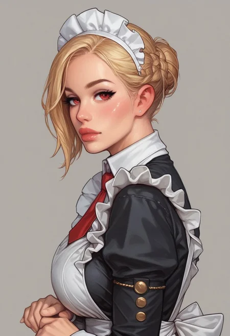 from front, (((side view))), 1girl, illustration, comic style, looking at viewer, highly detailed,
RosieTJ, 1girl, robot girl, metal body, red eyes, red buttons, wheels, white maid cap, white collar, white cuffs, white hip apron, black skirt, female
((full-clothed)),
BREAK
dynamic pose <lora:Cherry-Gig:0.55> ((((full-clothed)))),
BREAK
((rest room background))) score_9, score_8_up, score_7_up, score_6_up, source_cartoon, rating_explicit, Expressiveh, (((((upper body))))), dynamic pose