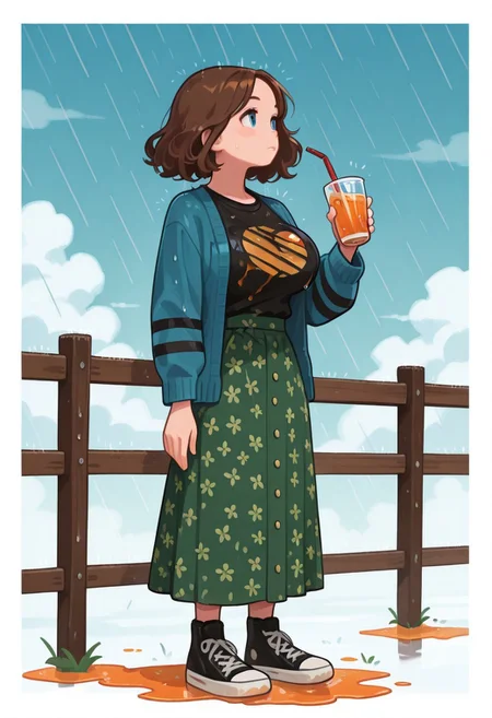 masterpiece, best quality, good quality, very aesthetic, absurdres, newest, 8K, from side BREAK
side portrait of stunning girl standing,((orange liquid on breast)) ,
pastel cyan , big breasts,orange juice on breast,
, wide hips, breast, NathMine, 1girl, short hair, wavy hair, brown hair, blue eyes,, blue cardigan, long sleeves cardigan, black stripes on cardigan sleeves,black t-shirt under cardigan, sun t-shirt, sun symbol on t-shirt, long skirt, floral skirt, green skirt, high-waist skirt, black sneakers,
,ultra detailed ,
simple pastel gradient blue background with extremely thick white border,
BREAK
looking away, surprice look,
(holding a soda cup with a straw, straw with soda),
(storming), strong wind, cloudy,
ultra-realistic, Flatline, Flat vector illustration, haiz_ai, no lineart, no outline, rain,
heavy-rain, modern fence in background, clouds, very smoky,
<lora:Rain (Illustrious) v1:0.5> <lora:ponyv6_noobE11_2_adamW:0.25> <lora:haiz_ai_illu:0.8> <lora:flatline:1.65>