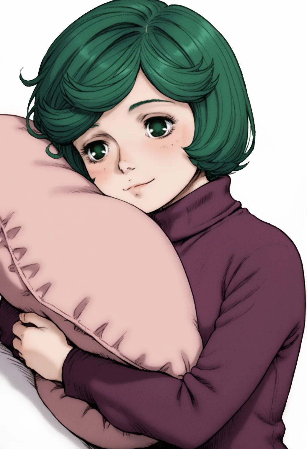 score_9, score_8_up, score_7_up, source_anime BREAK, 1girl, solo, white background, <lora:DX888Schierke:1>, schierke, bob cut, green hair, green eyes, turtleneck sweater, light smile, full-face blush, solo, hugging pillow, lying, on side,