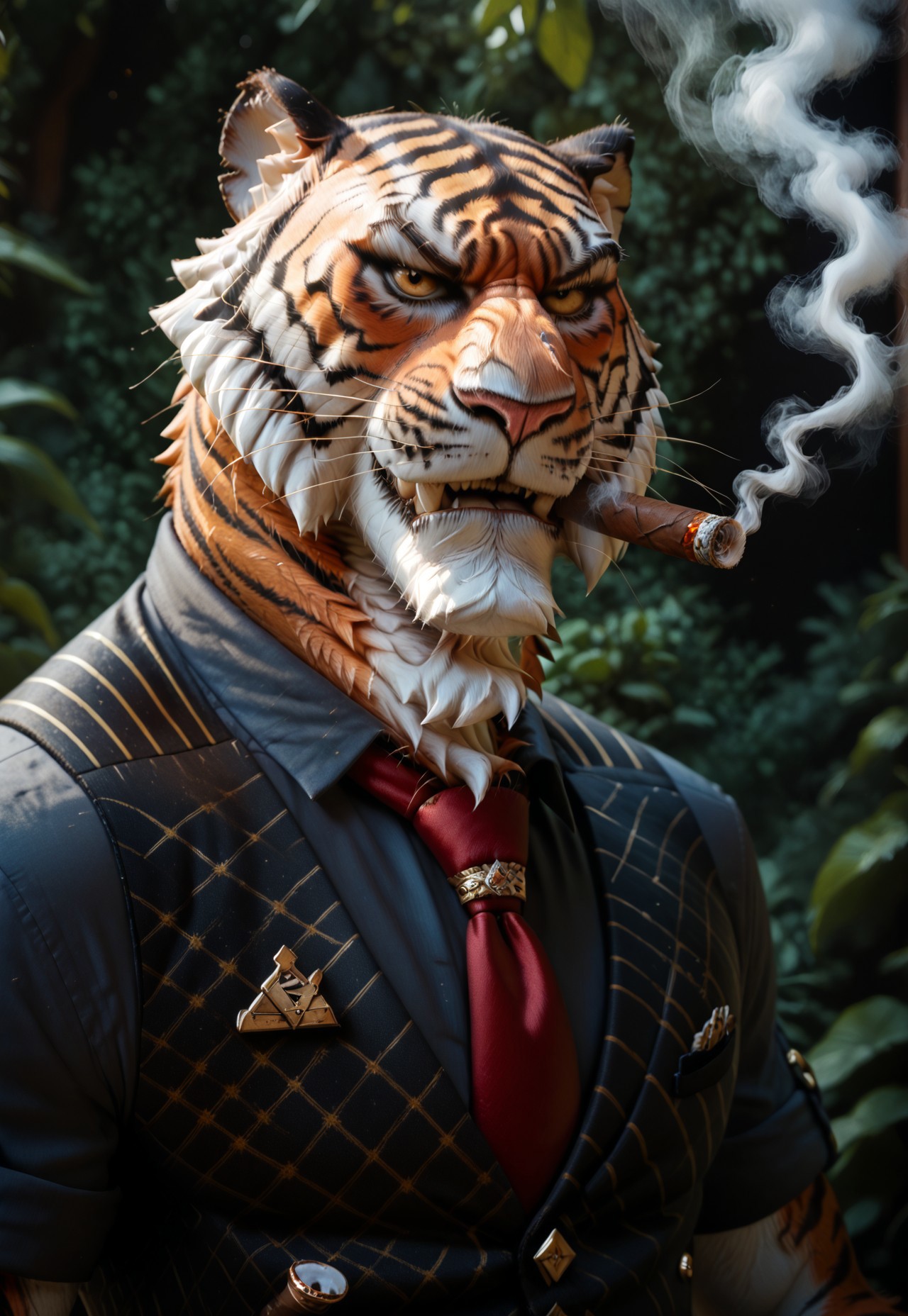 safe_pos, score_9, score_8_up, score_7_up, score_6_up, score_5_up, score_4_up, source_furry, hi res, solo, Oscar, Tiger, Vest, Black Collared Shirt, Red Tie, seductive look, portrait, cigar, smoking
