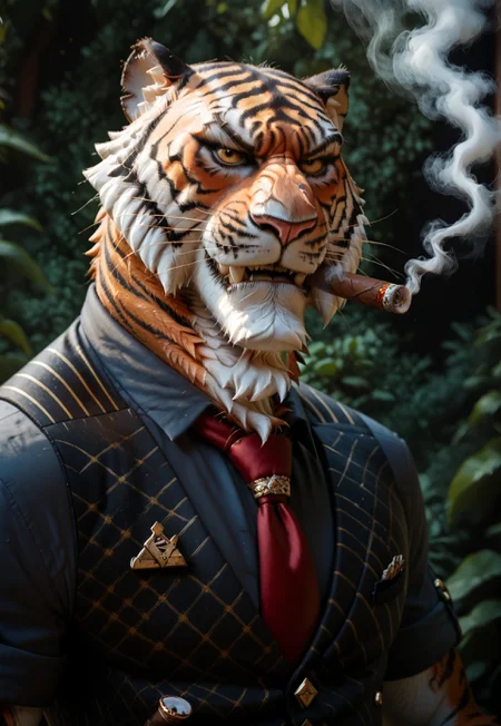 safe_pos, score_9, score_8_up, score_7_up, score_6_up, score_5_up, score_4_up, source_furry, hi res, solo, Oscar, Tiger, Vest, Black Collared Shirt, Red Tie, seductive look, portrait, cigar, smoking