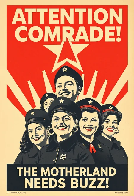 Create an 40's USSR style poster with the top text saying "ATTENTION COMRADE!" and the bottom text saying "THE MOTHERLAND NEEDS BUZZ!". In the center of the image are a group of smiling Soviet man and women depicted.