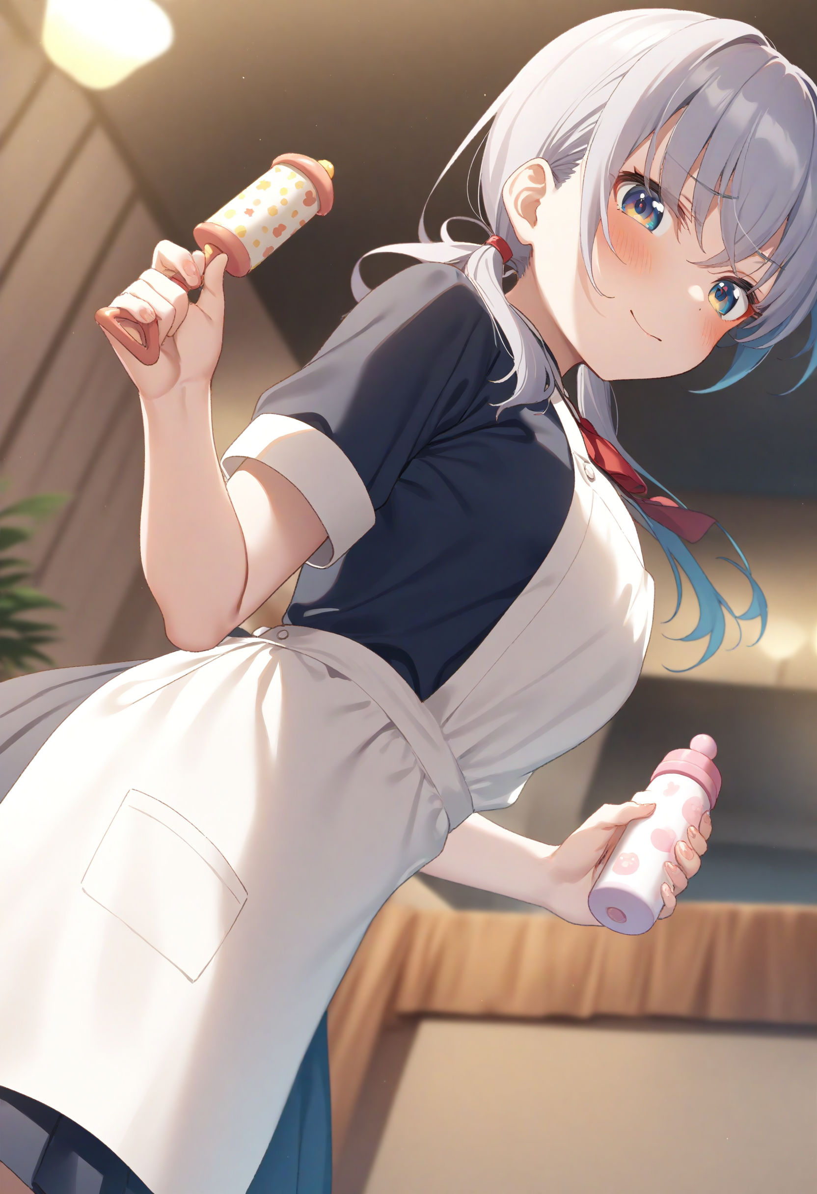 1girl,sincos, ningen mame, toosaka asagi,solo,medium breasts,school uniform,
rattle, holding,pacifier , apron,<lora:rattle_XL_v1:0.6>
from side, cinematic angle, looking at viewer, gray hair, brown eyes,seductive grin smug, resort hotel, closed mouth, front ponytail hair,,
best quality, very aesthetic, absurdres