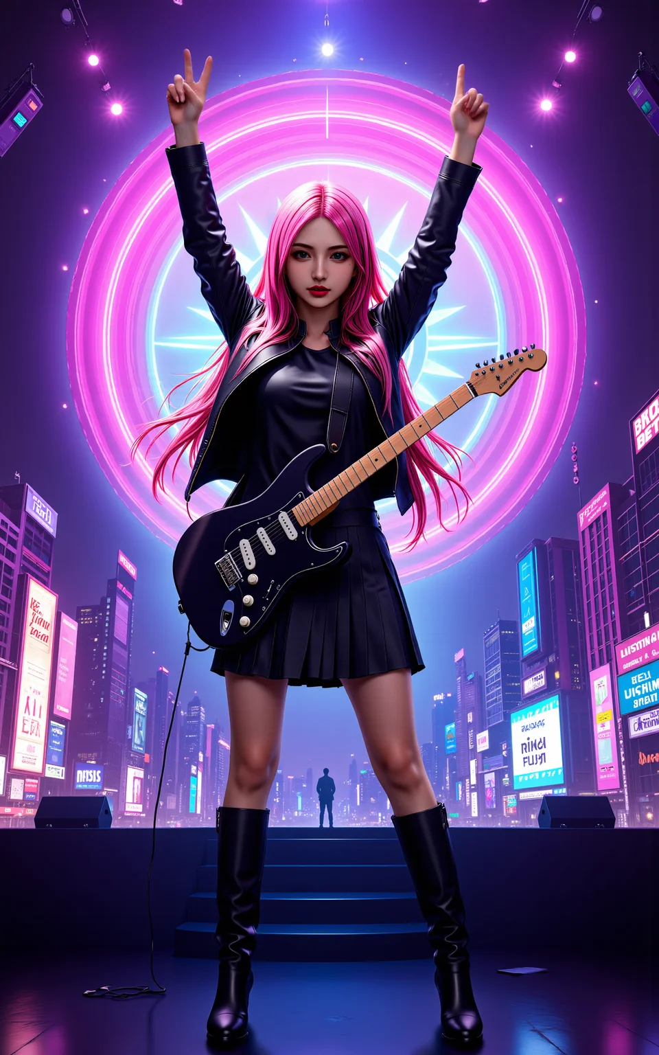 A stunning 20-year-old girl with long,flowing pink hair and green eyes dressed in a sleek black leather jacket,a pleated black skirt,and knee-high black boots. She stands confidently on a neon-lit cyberpunk stage,skillfully playing an electric guitar. With her other hand,she raises it high,making a victory gesture. The futuristic cityscape behind her glows with deep purples,electric blues,and vibrant pinks,featuring towering skyscrapers and massive holographic billboards. Behind her,a dazzling circular energy effect pulses,radiating a sci-fi aura like a futuristic power field,enhancing the cyberpunk atmosphere. The stage is illuminated by dynamic spotlights,and digital particles float in the air,creating an immersive high-tech concert scene.,<lora:yuukananri-base-02-flux:0.8>,yuukananri,she has a slender physique and a petite build,<lora:aidmaMJ6.1_v0.5_3:0.5>,aidmaMJ6.1,