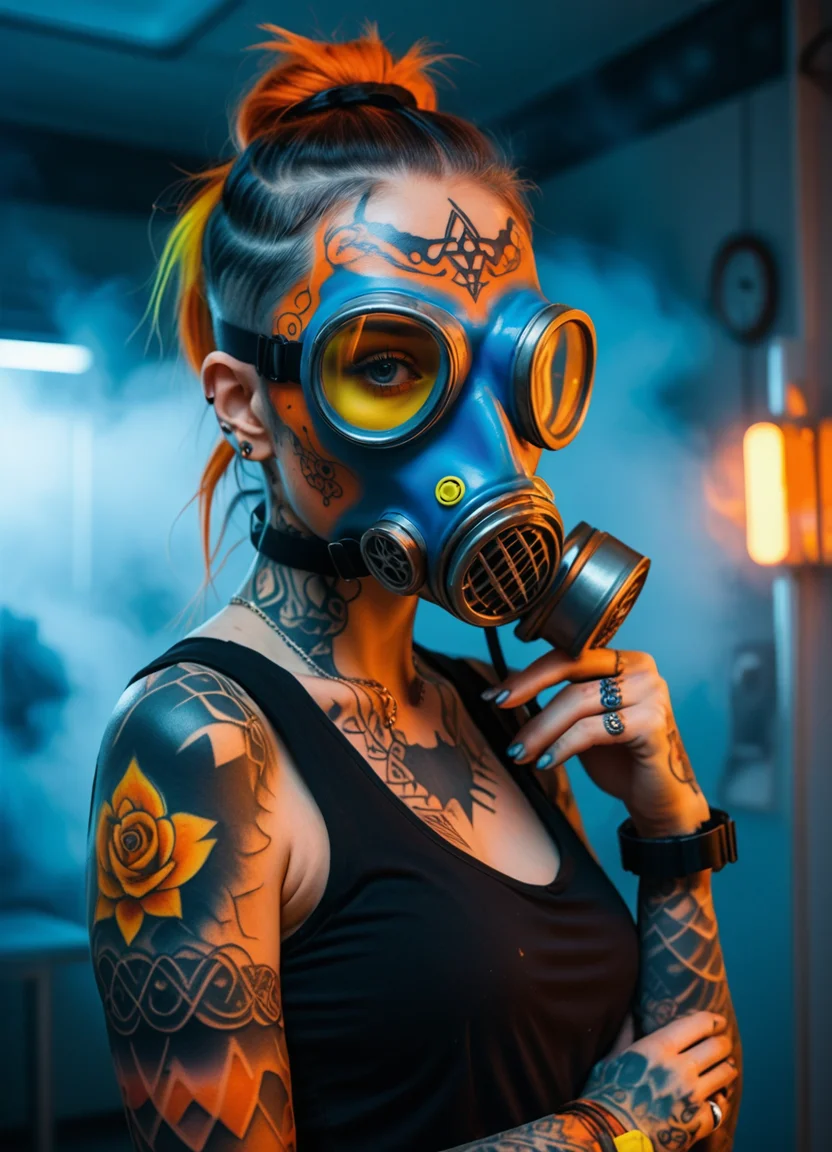 (Ombre color scheme of neon blue,neon yellow ,neon orange ) (25 year old:1.1) elegant lady wearing fine gas masks with abstract avant garde tattoos in a apocalyptic clinic with soft fog and moonlight, ultra realistic lighting <lora:br1ghtXLP:0.7> multicolored <lora:43stl1ght1ngXLP2:0.7> 43stl1ght1ng, low light, dramatic lighting, darkness, neon, spotlight <lora:envyStarlight_v10:0.8>