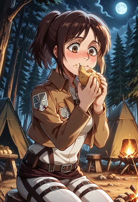 masterpiece, best quality, BREAK, dynamic angle, 1girl, sashaaot, brown hair, brown eyes, ponytail, paradis military uniform, white shirt, eating potato, potato in mouth, eyes wide open, drooling, blushing, food crumbs on face, camp, stool, campfire. forest, night time, moonlight, detailed scenery