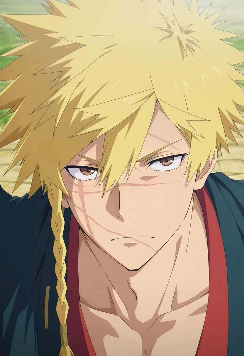 masterpiece, best quality, , anime screencap, anime coloring, , looking at viewer, 1boy, solo, male focus, <lora:choubei_aza_ilxl:1>, choubei_aza, blonde hair, brown eyes, long hair, braid, spiked hair, scar, scar on face, , ,