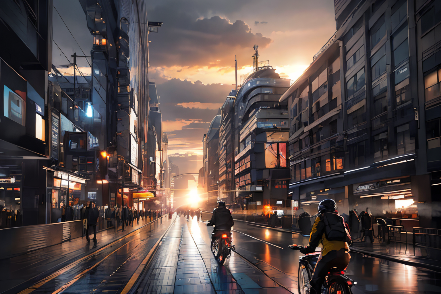 (Realistic:1.5) EdobSyFyCityLandscape, bicycle, light, blurry, cloudy sky, crosswalk, sunset, skyscraper, road, jacket, underwater, <lora:EdobSyFyCityLandscape_v1.0:0.8>