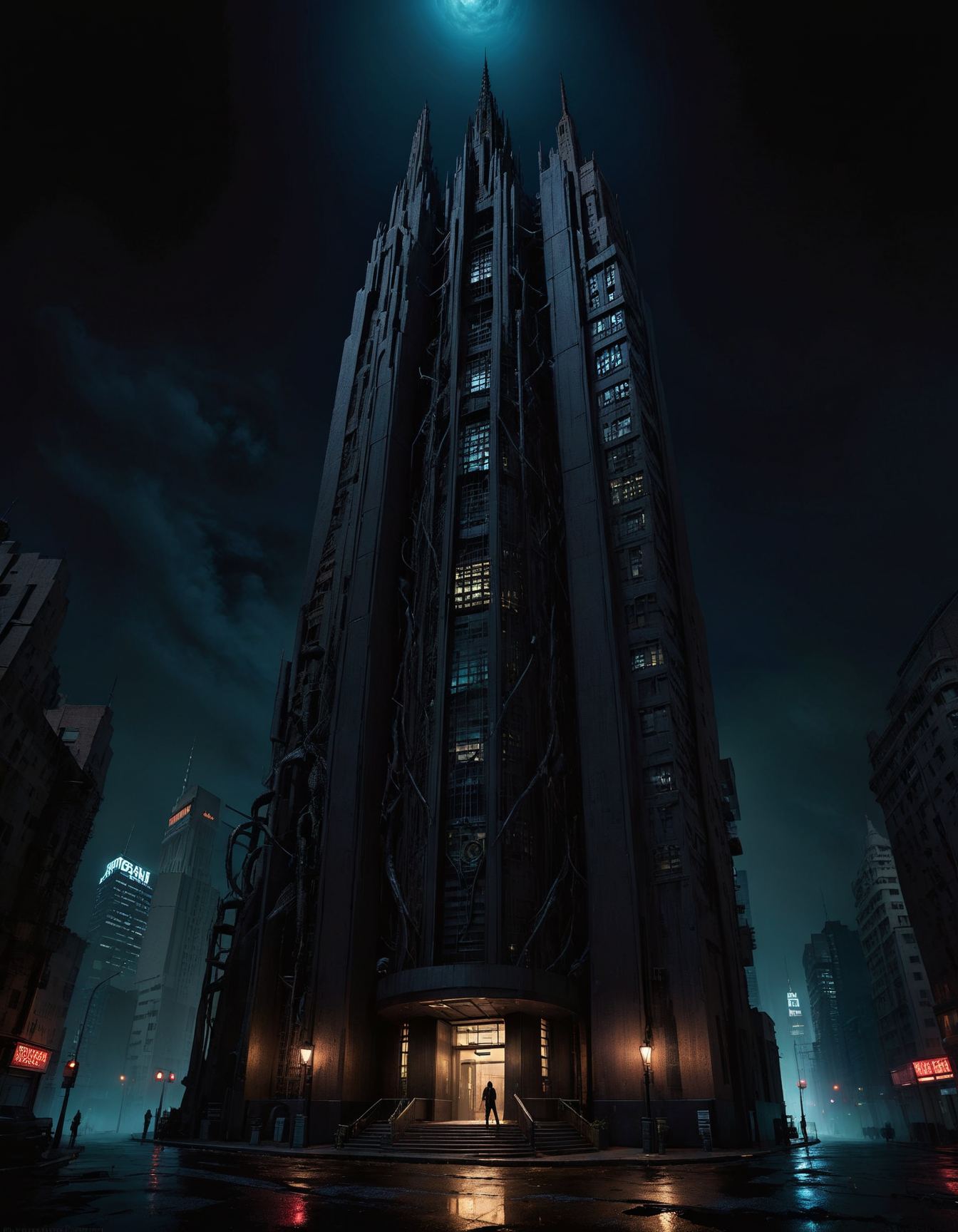 hyper realistic and highly detailed, a complex science fiction skyscraper , inspired by (Jean Paul Gaultier:1.2) and (Albert Gleizes:1.1) , Horror-themed, Eerie, unsettling, dark, spooky, suspenseful, grim, highly detailed, , bold lines, award winning, limited color palette, high contrast, depth of field, (intricate details, masterpiece, best quality:1.4), dramatic lighting, beautiful composition, looking at viewer, dynamic pose
<lora:quality1:0.7>  <lora:SDXL_black_and_color_Sa_May:0.8> dark, black and color <lora:SexyConiAI:0.7> sexyai <lora:- SDXL - vntblk_vanta_shapes_V1.0:0.7> vntblk, black, dark, background