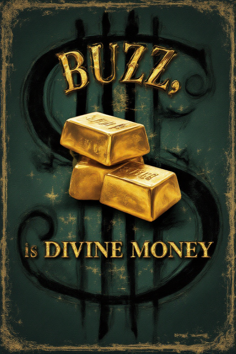 Advertisement poster, 3 pieces Gold Bar, with a solid Dollar Sign bold backdrop, text in vintage font "BUZZ is Divine Money", moody subdued colors, retro overlay,vintage_p_style
