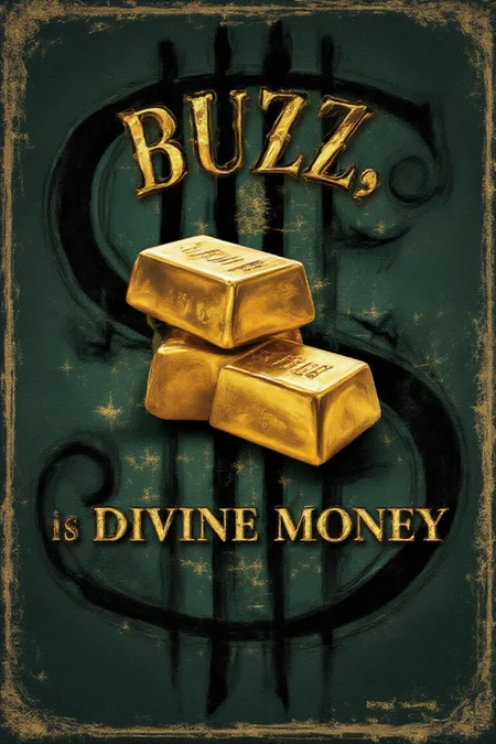 Advertisement poster, 3 pieces Gold Bar, with a solid Dollar Sign bold backdrop, text in vintage font "BUZZ is Divine Money", moody subdued colors, retro overlay,vintage_p_style