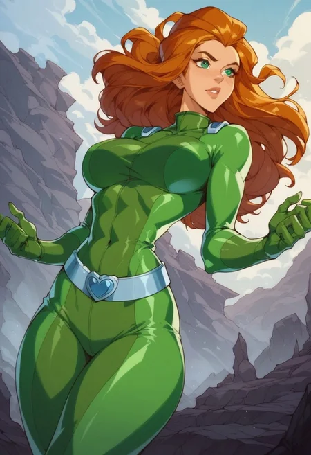 (score_9, score_8_up, score_7_up), sci fi,1girl, solo, sam \(totally spies\), orange hair, long hair, green eyes, green bodysuit, belt, large breasts, curvy, thick thighs, tight clothing, hips, thighs, athletic build,