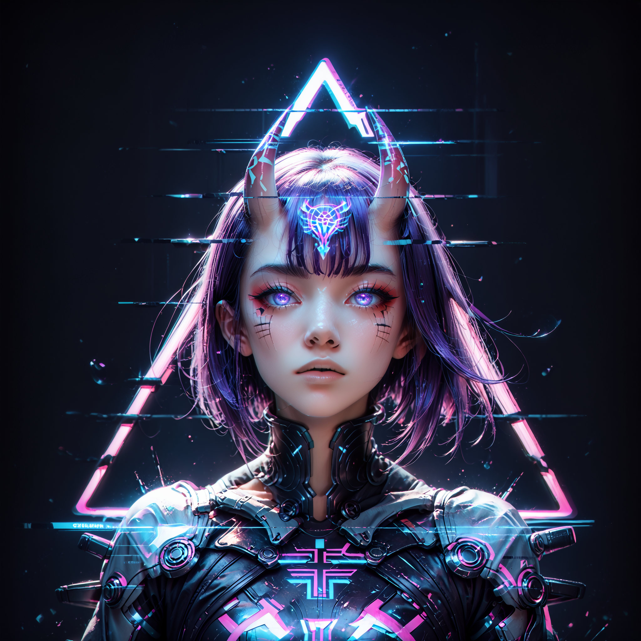 score_9,score_8_up,score_7_up,  glitch, d1splaygl1tchl1nes, a glowing (triangle:1.1), 1girl, shuten douji \(fate\), cyborg, breasts, contrapposto, shiny, glamour, makeup, glossy, glowing eyes, anamorphic, head tilt, science fiction, head tilt, geometric, cyberpunk style  <lora:Glitch:0.8>  <lora:Display_Glitch_Lines_Effect_PONY_XL_by_UOC:0.7> <lora:futuristic_Concept:0.2> <lora:Cyberpunk_Style:0.2> <lora:TransHumanizm_Concept_PONY_XL_by_UOC:0.4>, (black background:0.8), particles, dust, lines, [:horns:0.4],violet hair,bangs,hair between eyes
