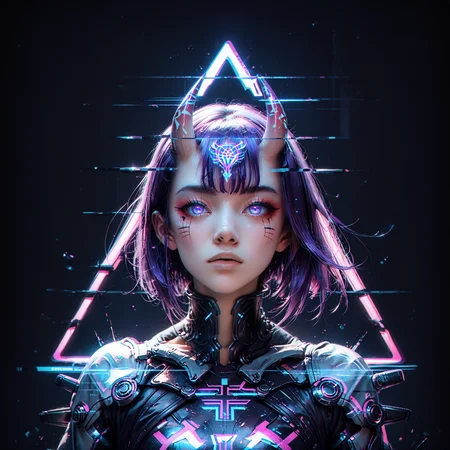 score_9,score_8_up,score_7_up,  glitch, d1splaygl1tchl1nes, a glowing (triangle:1.1), 1girl, shuten douji \(fate\), cyborg, breasts, contrapposto, shiny, glamour, makeup, glossy, glowing eyes, anamorphic, head tilt, science fiction, head tilt, geometric, cyberpunk style  <lora:Glitch:0.8>  <lora:Display_Glitch_Lines_Effect_PONY_XL_by_UOC:0.7> <lora:futuristic_Concept:0.2> <lora:Cyberpunk_Style:0.2> <lora:TransHumanizm_Concept_PONY_XL_by_UOC:0.4>, (black background:0.8), particles, dust, lines, [:horns:0.4],violet hair,bangs,hair between eyes