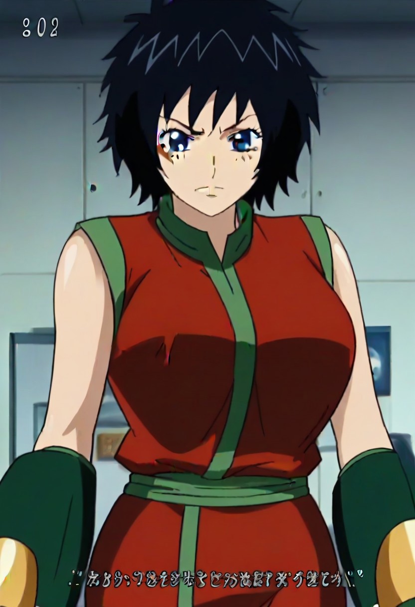 short black hair, blue eye, Scar on right cheek, red sleeveless outfit with green trim,, ,,,,,anime coloring, anime screencap , 1girl,Solo ,, anime,,PUFFY nipple,huge breasts,,, official art,,Uncensored ,Unedited ,,,, ,, ,, , ,,, ,, , ,,,