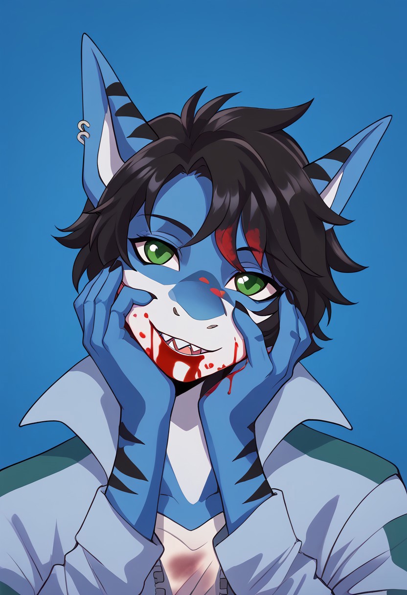 <lora:Scappo_Style_v2_PonyXL:0.8> by scappo, scappo,  score_9, score_8_up, score_7_up,1boy, lunarsunxl,  anthro shark,dark blue skin, stripes on the body, short hair,lush hair,black hair, green eyes, shark tail, ear piercing, BREAK, light jacket, <lora:yandere_trance_v1_pruned:1>, yandere trance, closed mouth, open mouth, head tilt, close-up, <lora:Projekt_Melody_for_PonyXL:1>, blood on face, blood on hands, excessive blood, bark blue background, high resolution, Masterpiece, detailed,Shark teeth,