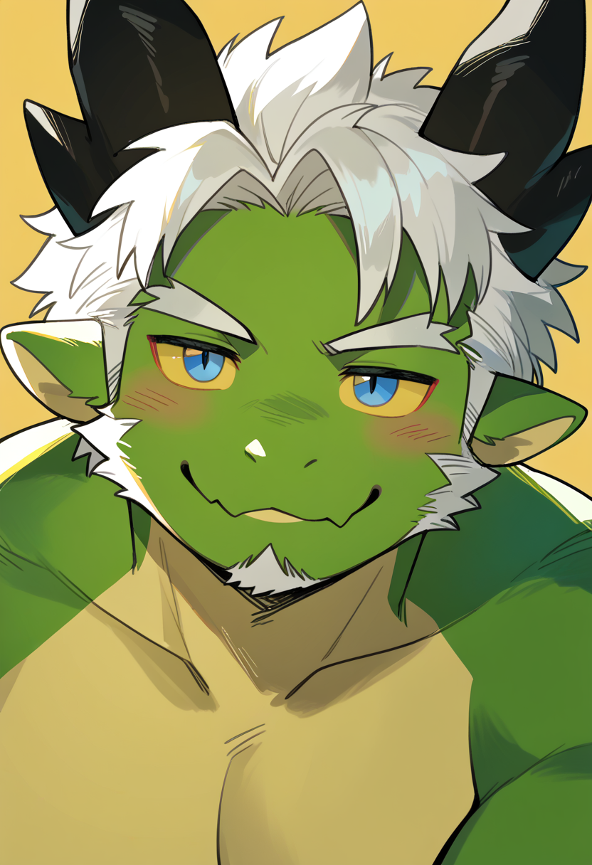 hi res, best quality, by milkybot, furry, short hair, 1boy, solo, dragon, horns, facial hair, blue eyes, yellow sclera, white hair, green body, two tone body, blushing, looking at viewer, seductive, smug, <lora:Milkybot_style:1>