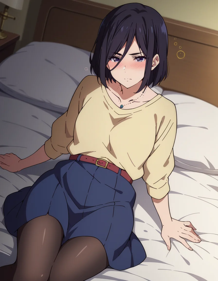 score_9, score_8_up, score_7_up, source_anime,
izuminase, <lora:izumi-nase-s1-ponyxl-lora-nochekaiser:1>,
izumi nase, short hair, black hair, purple eyes,
skirt, shirt, jewelry, belt, necklace, black pantyhose,
indoors, bed, bed room, on side, blush, drunk,
looking at viewer, cowboy shot, dutch angle, solo,