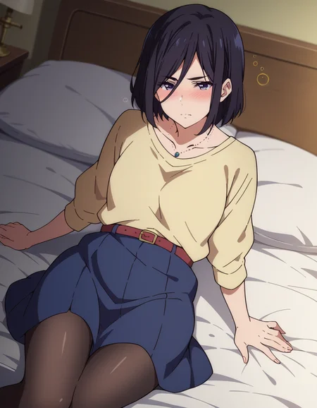 score_9, score_8_up, score_7_up, source_anime,
izuminase, <lora:izumi-nase-s1-ponyxl-lora-nochekaiser:1>,
izumi nase, short hair, black hair, purple eyes,
skirt, shirt, jewelry, belt, necklace, black pantyhose,
indoors, bed, bed room, on side, blush, drunk,
looking at viewer, cowboy shot, dutch angle, solo,